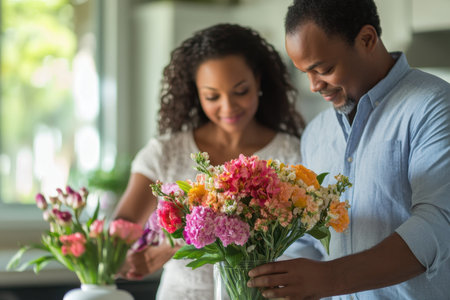 Two individuals joyfully arrange vibrant flowers in vases, enjoying their time in a bright kitchen setting.の素材