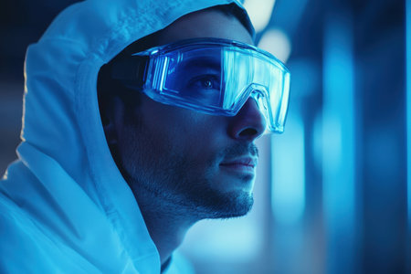 A researcher in white protective clothing looks intently at a specimen under blue lighting in the lab.の素材