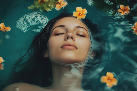 A young woman enjoys a peaceful moment, floating in clear water with orange flowers around her.の素材