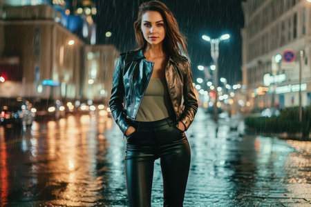 A fashionable woman stands confidently under the rain on a vibrant urban street illuminated by city lights.の素材