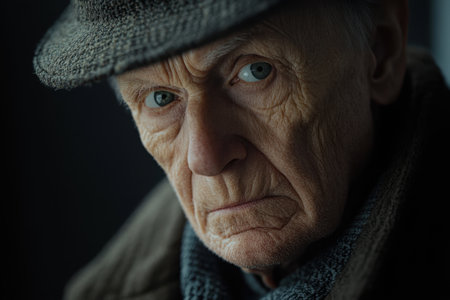 An elderly man dressed in a dark coat and hat gazes thoughtfully, expressing deep emotion and experience.の素材
