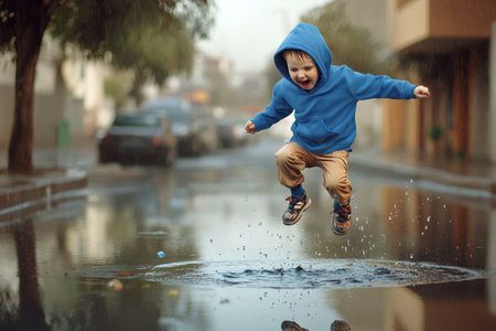 A joyful child in a blue hoodie leaps into a puddle, creating splashes on a rainy street.の素材