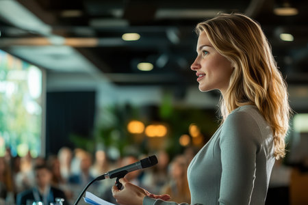 A woman delivers a speech to a captivated audience in a modern conference setting, highlighting her expertise.の素材