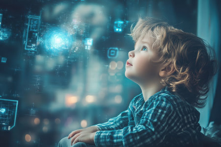 A young child sits by a window, fascinated by glowing digital images in a cityscape at night.の素材