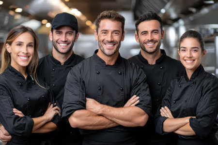 Five chefs stand together, showing teamwork and joy in a professional kitchen during a busy shift.の素材