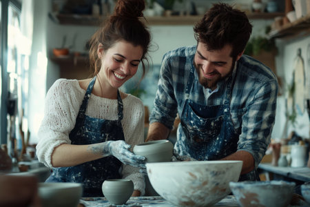 A couple works together on pottery, shaping clay bowls and enjoying their time in a bright studio.の素材