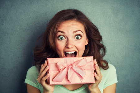 A joyful woman displays a pink gift box, her eyes wide with excitement and a big smile on her face.の素材