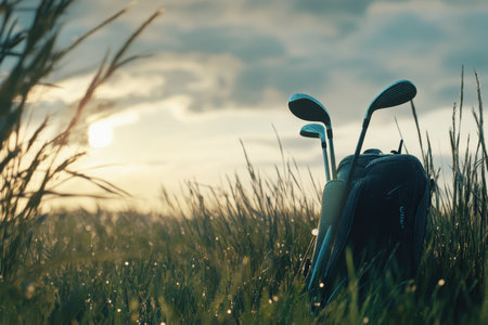 Golf clubs lean against a bag nestled in tall grass as the sun sets in a peaceful landscape.の素材