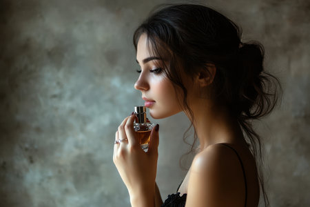 A woman enjoys the scent of her perfume, gazing thoughtfully at the bottle in a serene setting.の素材