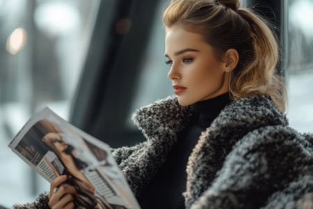 A young woman enjoys reading a magazine by a large window on a cold winter day.の素材