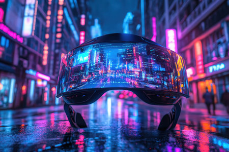 Headset rests on a wet surface reflecting neon lights from buildings in a lively urban environment at night.の素材