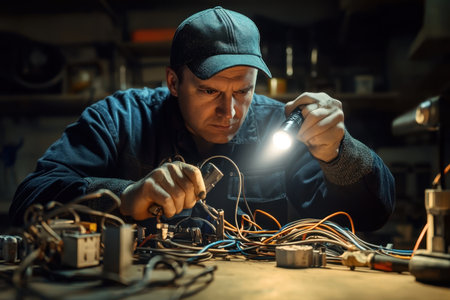 A technician carefully fixes tangled electrical wires while illuminating the workspace with a flashlight.の素材