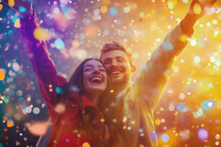 Two happy individuals pose with arms raised, surrounded by colorful lights and festive decorations at night.の素材