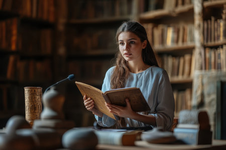 A young woman sits at a table in a library, deeply focused on reading an ancient book, surrounded by shelves.の素材