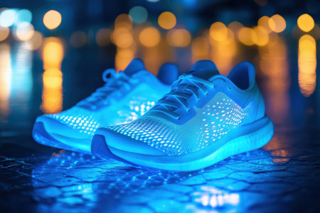 Running shoes glow bright blue on a wet surface, surrounded by vibrant bokeh lights at night.の素材