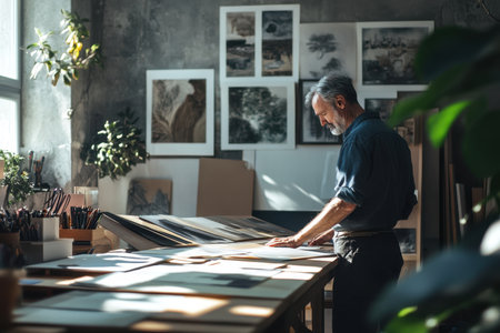 An artist thoughtfully examines various artworks in a bright studio filled with plants and natural light.の素材