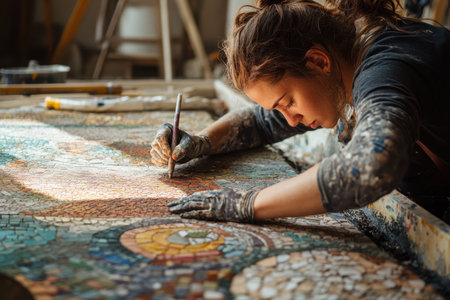 A young artist focuses on detailing a colorful mosaic, surrounded by tools and materials in a sunlit studio.の素材