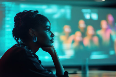 A woman looks pensive while sitting in front of a projected presentation featuring a large audience.の素材