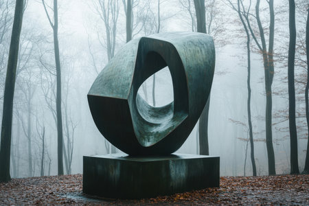 An abstract sculpture rises amid a misty forest, with trees partially visible in the background.の素材