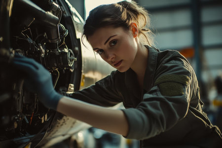 A young technician inspects an aircraft engine in a well-lit hangar, focused on her work in the late afternoon.の素材