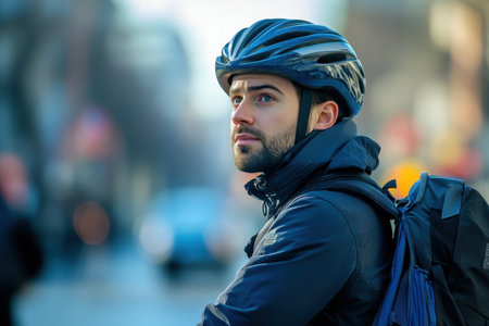 A young man, dressed warmly, wearing a helmet, gazes thoughtfully into the bustling city as morning begins.の素材
