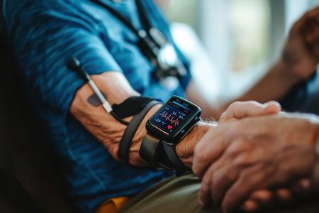 A person checks their heart rate on a smartwatch while receiving care in a clinic, showing an attentive atmosphere.の素材