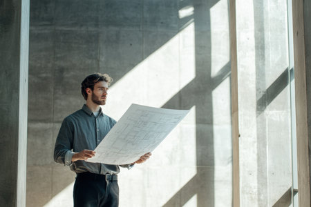 A young architect stands thoughtfully holding blueprints in a bright, minimalistic interior.の素材