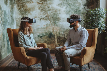 Two people are engaged in a virtual reality session, enjoying an immersive experience in a stylish room.の素材