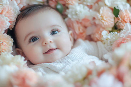A joyful baby relaxes surrounded by delicate pink and white flowers, evoking warmth and innocence.の素材