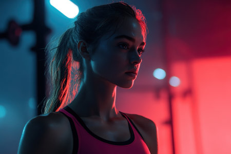 A focused young athlete stands in a gym, illuminated by vibrant red and blue lights, showing determination.の素材