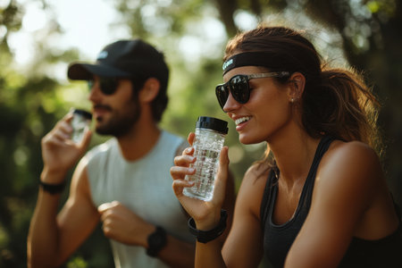 Two individuals relax after a workout, sipping water while enjoying the warm sunshine in a park setting.の素材