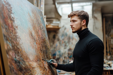 A man in a black turtleneck is focused on painting a bright landscape in an art studio filled with materials.の素材