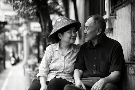 An elderly couple shares a warm moment, sitting closely on a bench along a peaceful street.の素材