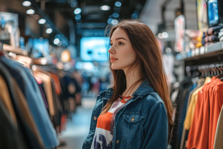 A young woman stands in a clothing store, browsing through various outfits on display in a vibrant setting.の素材