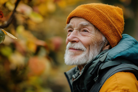 An elderly man with a bright orange beanie smiles as he admires colorful autumn leaves in a natural setting.の素材