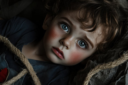 A young child looks up with wide blue eyes, appearing intrigued while lying among ropes indoors.の素材