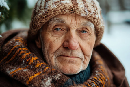 An elderly man looks thoughtfully at the camera, surrounded by snow, wearing a warm hat and scarf.の素材