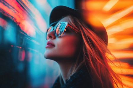 A stylish young woman gazes thoughtfully, illuminated by colorful neon lights in a bustling city.の素材