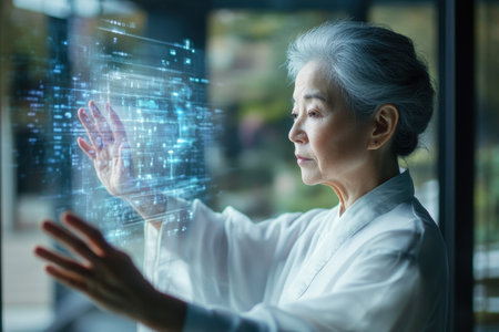 Elderly woman in traditional attitude engages with a glowing holographic interface in a modern setting.の素材