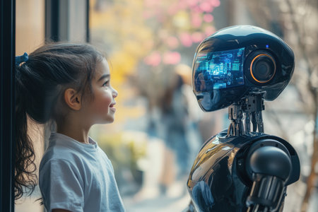 A young girl gazes at a humanoid robot, both engaged in a moment of curiosity in a lively urban environment.の素材