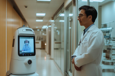 A doctor engages with a telehealth robot featuring a video screen in a hospital corridor.の素材
