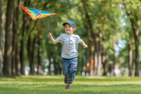 A young boy happily dashes through a green park, holding a vibrant kite while smiling brightly.の素材
