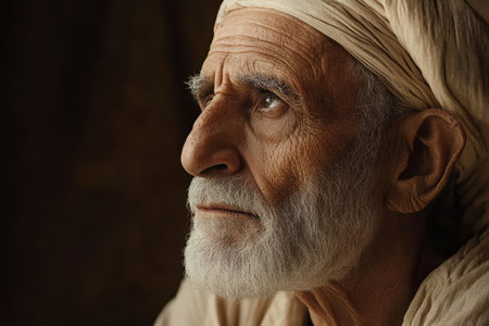 An elderly man with a white beard reflects deeply, showing wisdom amid a warm, rustic atmosphere.の素材