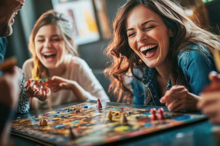 Group of friends share a joyful moment while playing a colorful board game on a warm evening.の素材