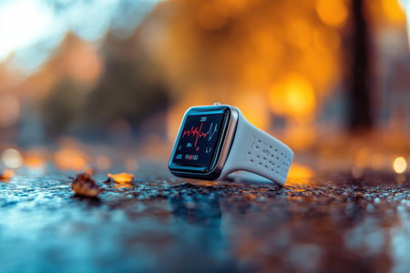 A sleek smartwatch shows heart rate data on a wet surface amid fallen autumn leaves under warm lighting.の素材
