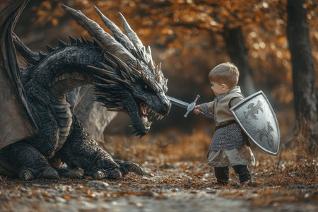 A child dressed as a knight confronts a large dragon in a colorful autumn forest, sword drawn bravely.の素材