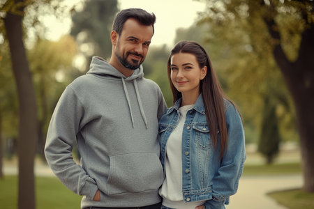A couple stands closely together in a park, smiling and enjoying a serene afternoon surrounded by greenery.の素材