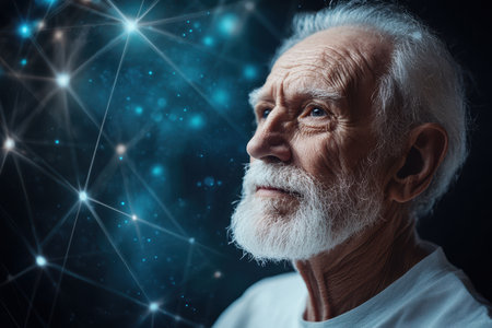 An elderly man gazes thoughtfully, immersed in a system of stars and cosmic connections, lost in contemplation.の素材