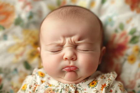 A cute baby making a comical face, surrounded by a colorful floral blanket during morning light.の素材