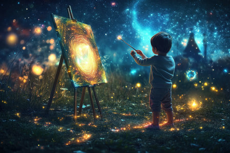 A young child is painting a vibrant galaxy on a canvas in a whimsical, illuminated setting at night.の素材